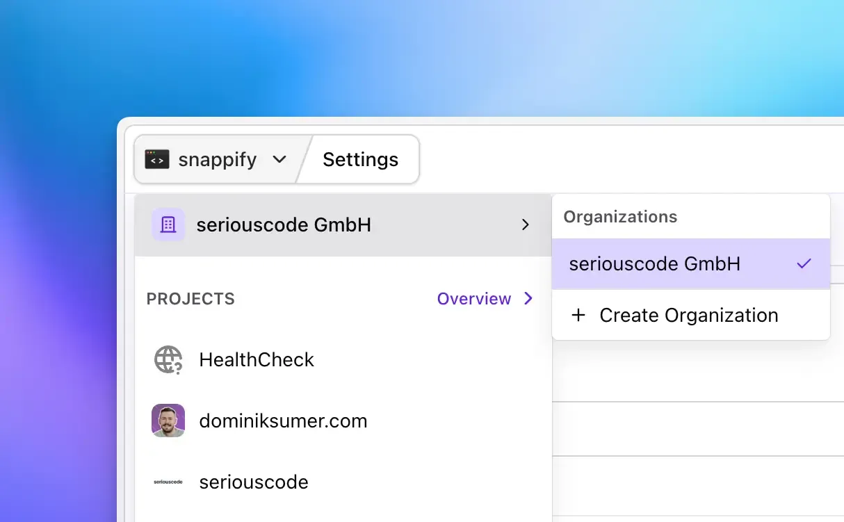 Organization switcher showing multiple organizations and create option