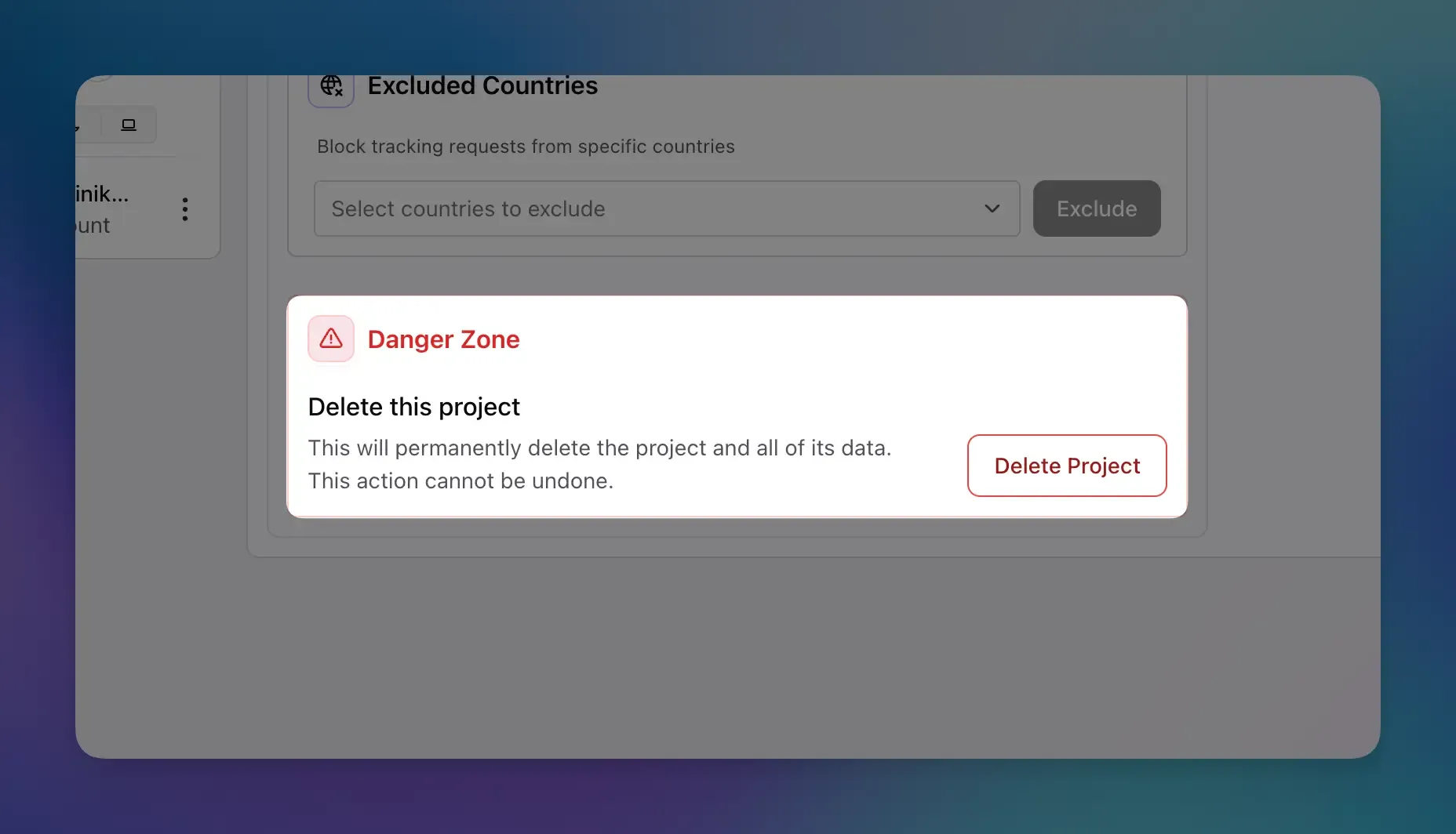 Danger Zone section showing project deletion option