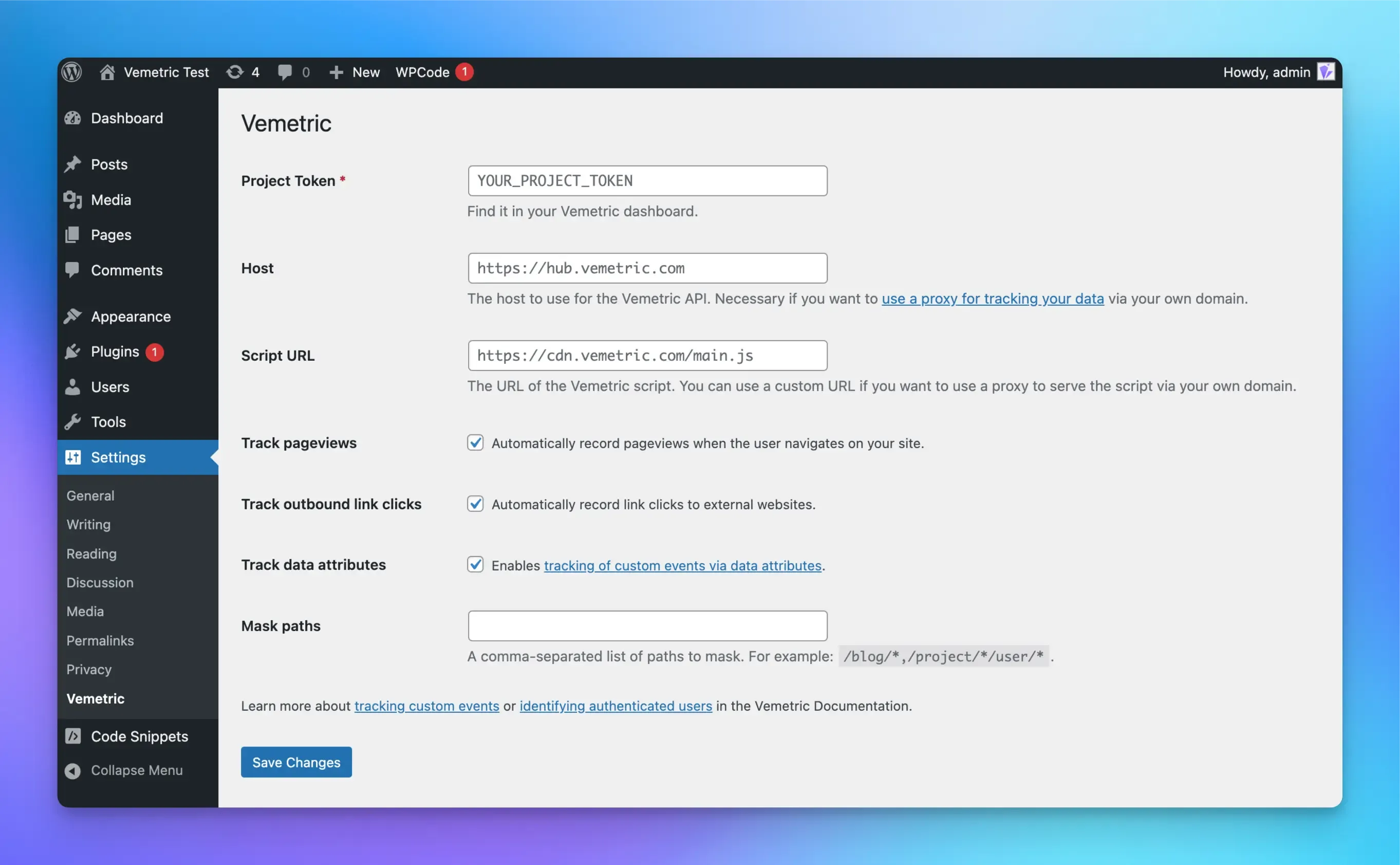 Screenshot of the WordPress Plugin settings